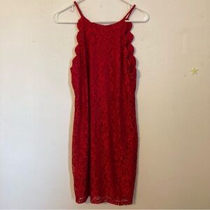 By & By Red lace overlay dress with scallop detail on the arms. Very Soft Sz 11